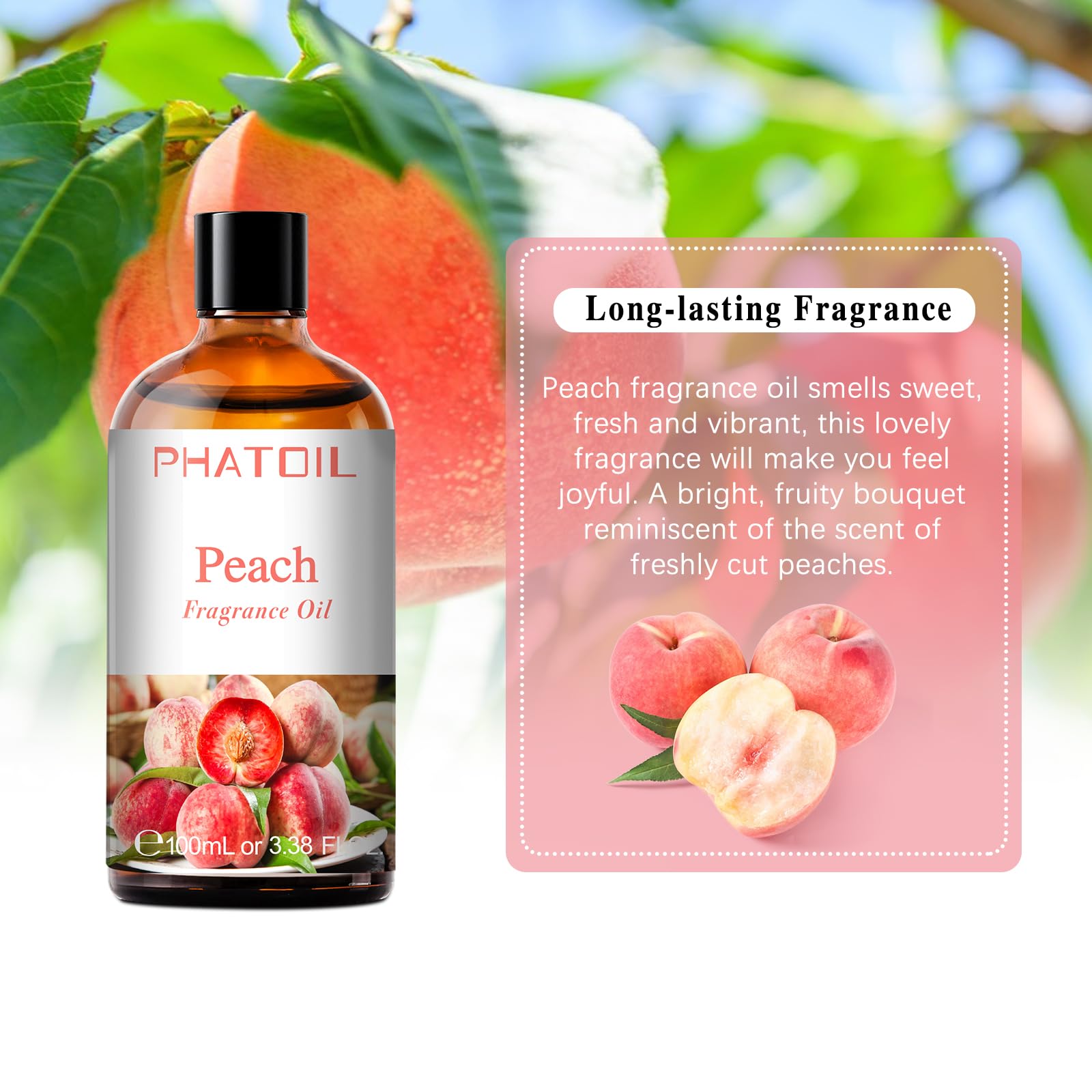 PHATOIL peach fragrance oil in diffuser setup for a calming ambiance.