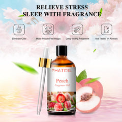 PHATOIL peach fragrance oil UV-coated glass bottle close-up protecting scent.