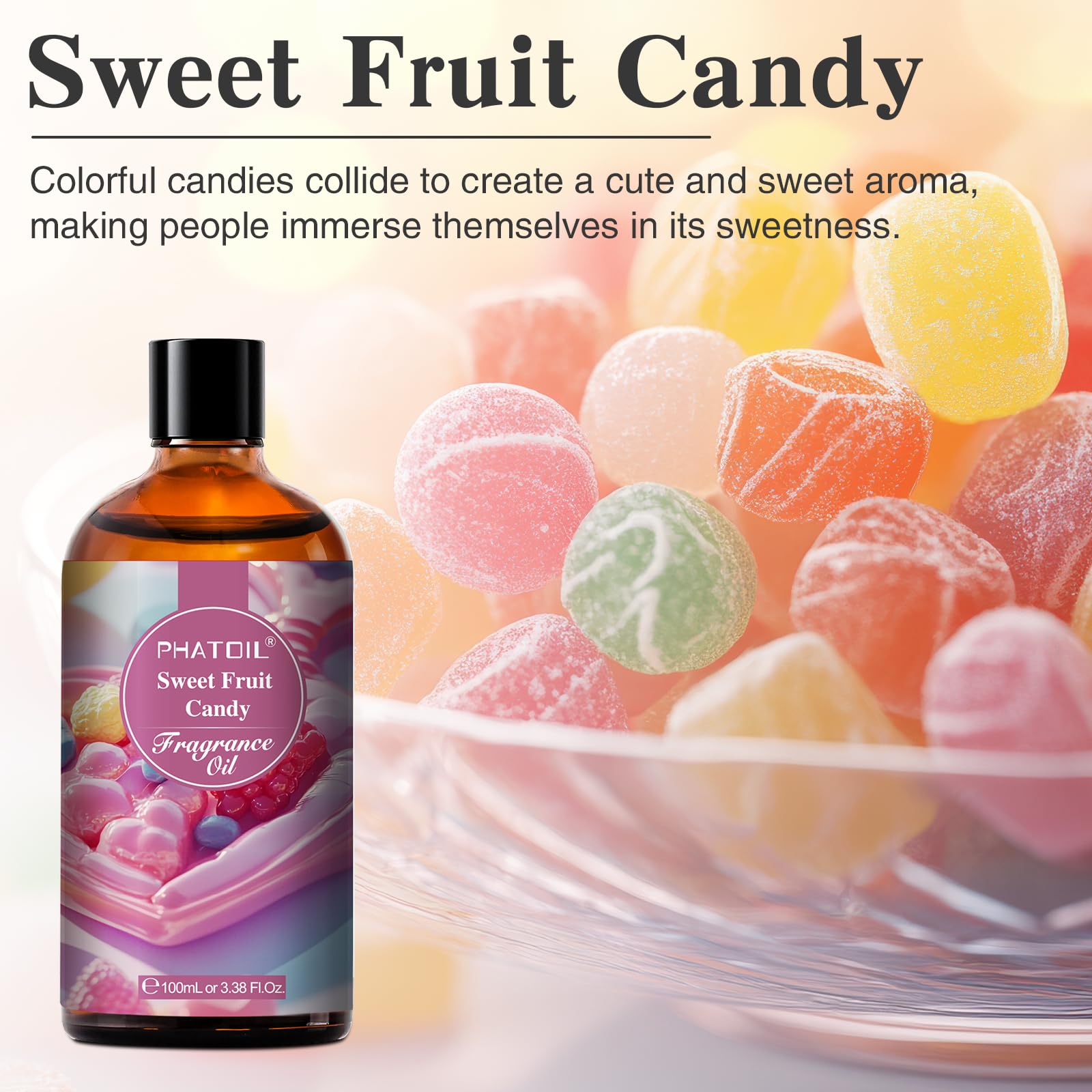 PHATOIL Sweet Fruit Candy fragrance oil in diffuser setup creates a bright, inviting atmosphere.