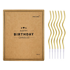 PhD CAKE 24-count gold spiral candles on a cake, ideal for celebratory occasions.