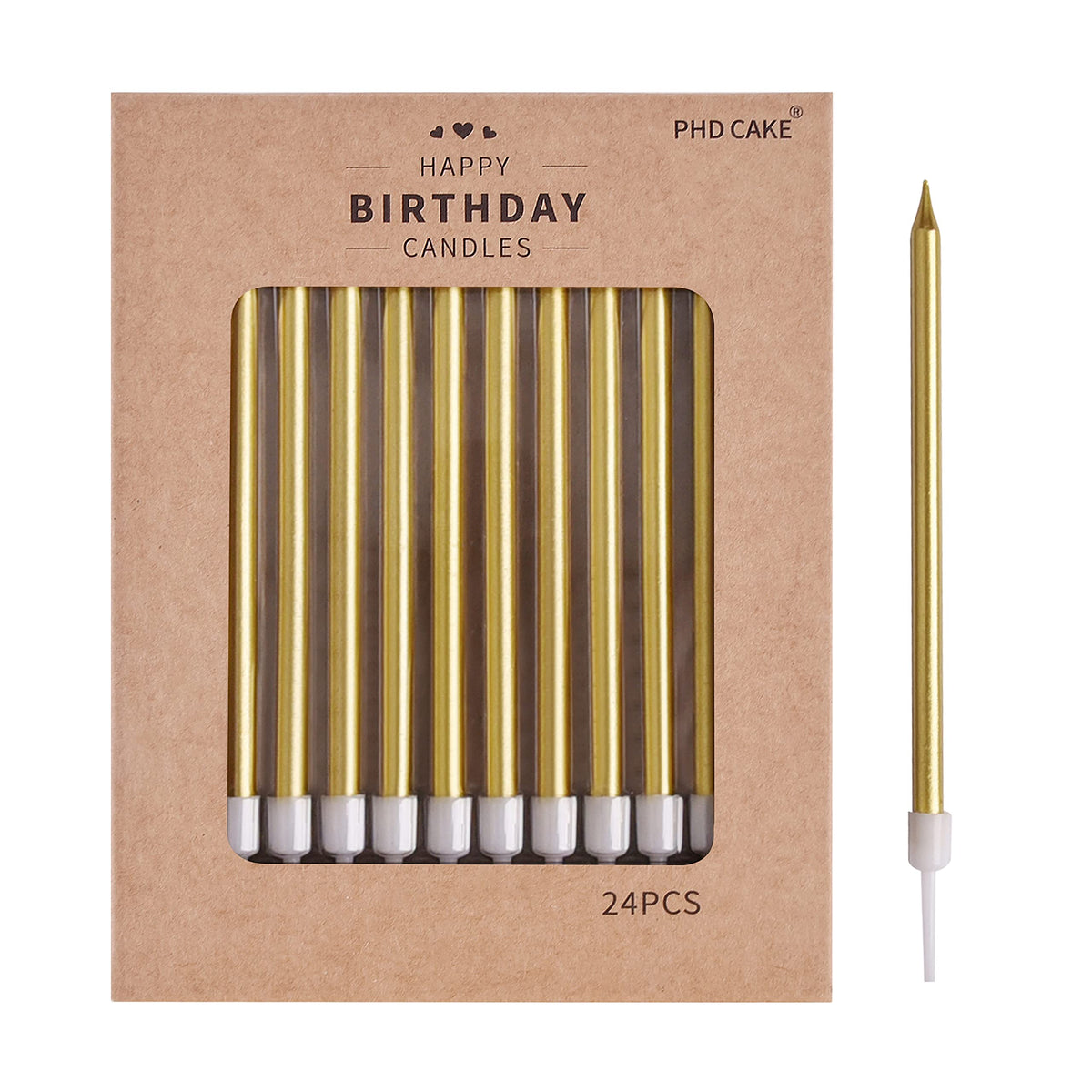 PHD CAKE gold long thin candle on cake for elegant celebration