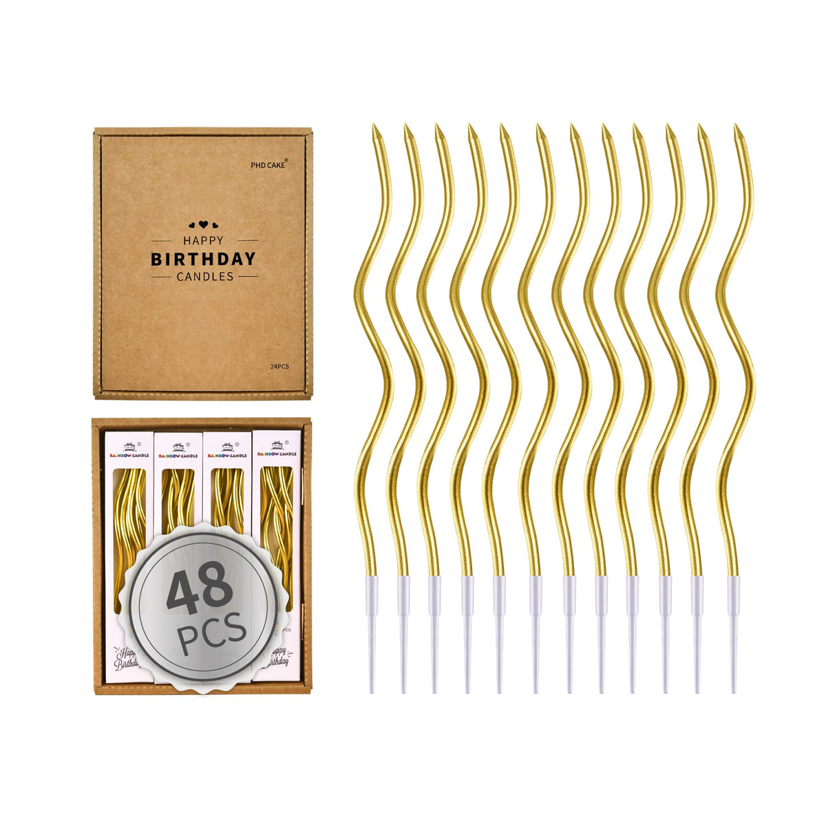 PHD CAKE gold spiral candles 48-count for festive birthday celebrations.