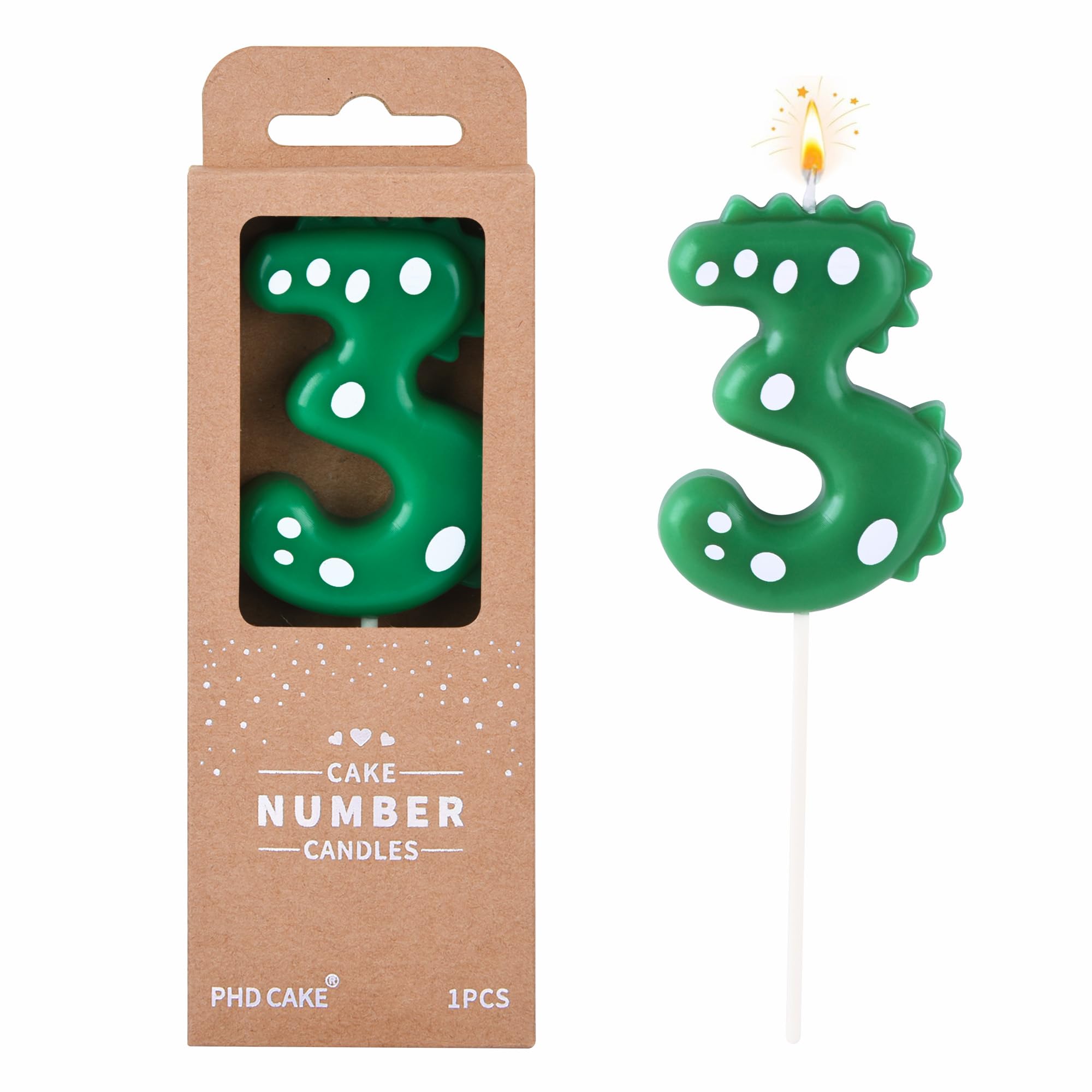 PHD CAKE green dinosaur 3-number candle on cake for birthdays