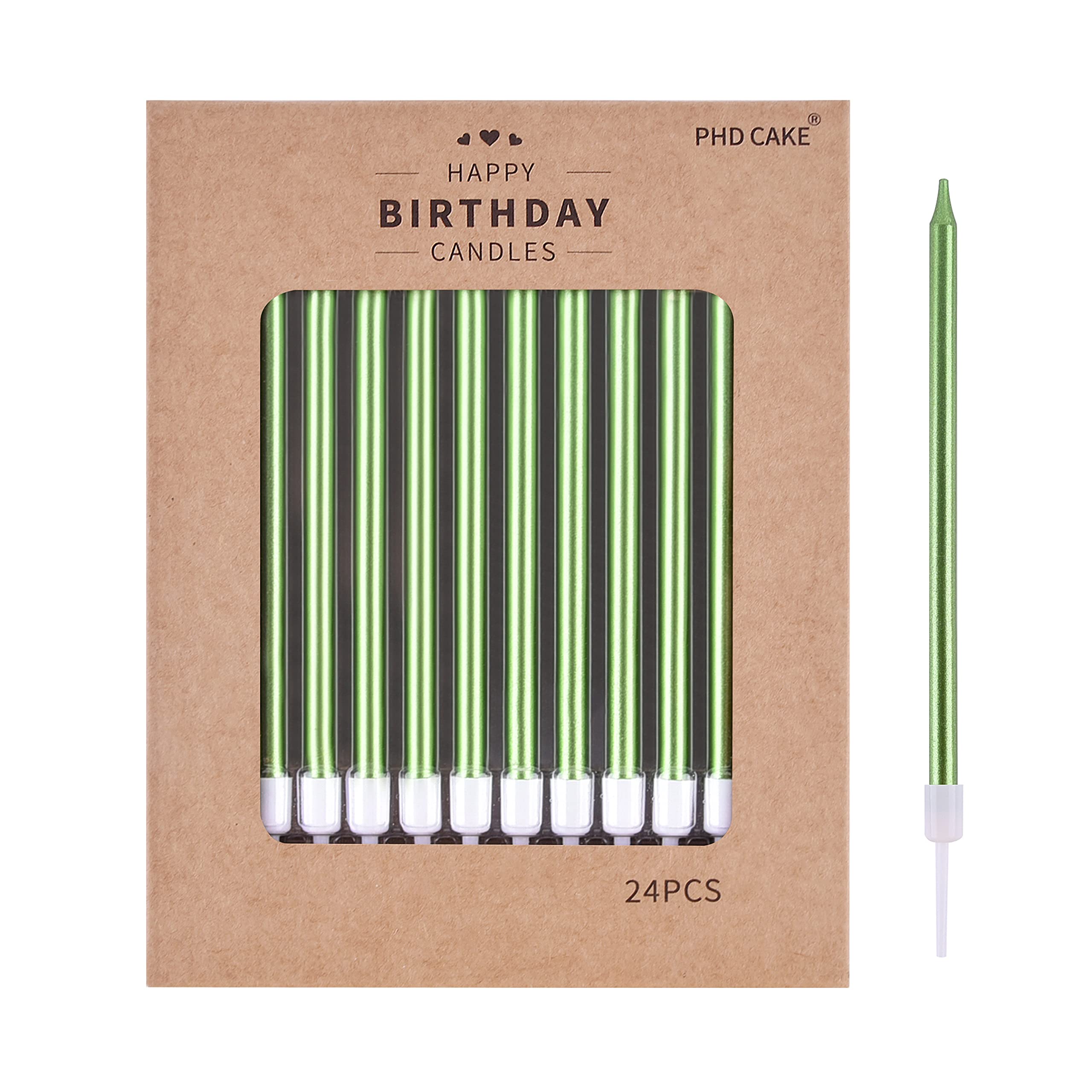 PHD CAKE green long thin metallic candles on a cake for a chic birthday look