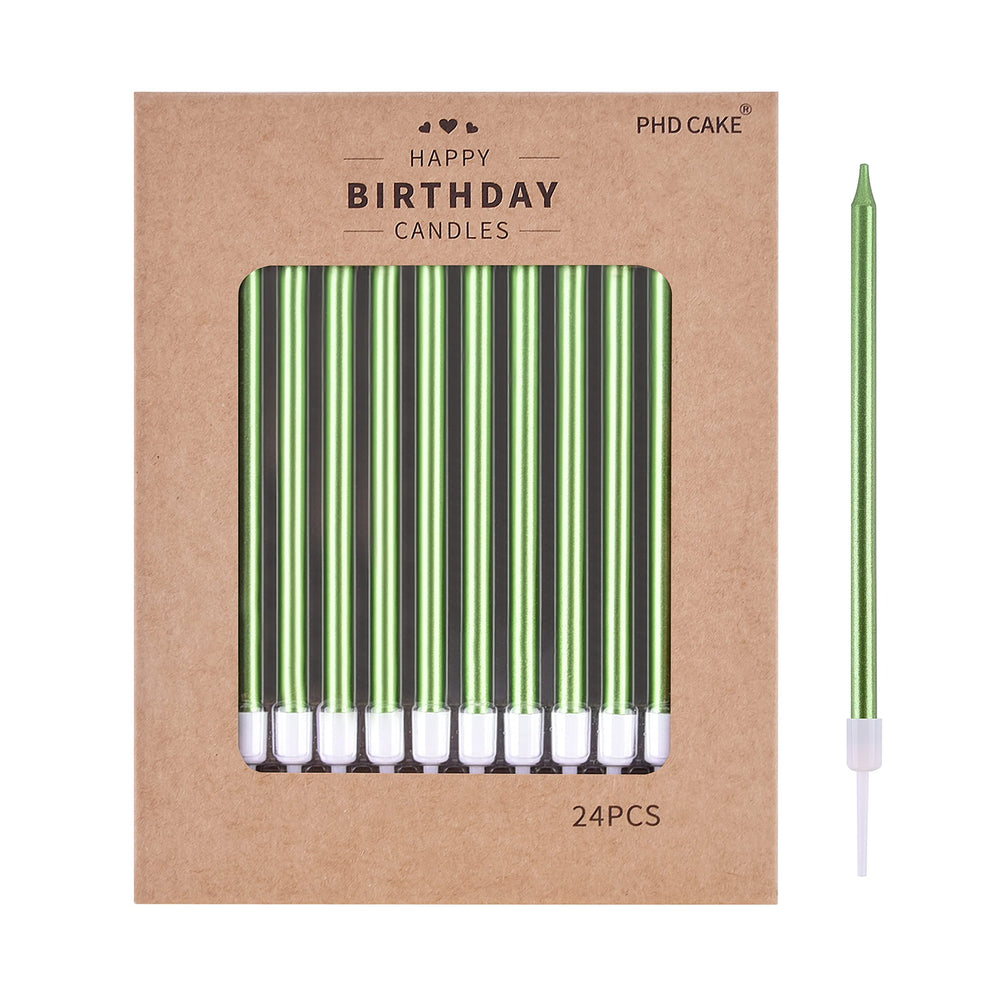 PHD CAKE green long thin metallic candles on a cake for a chic birthday look