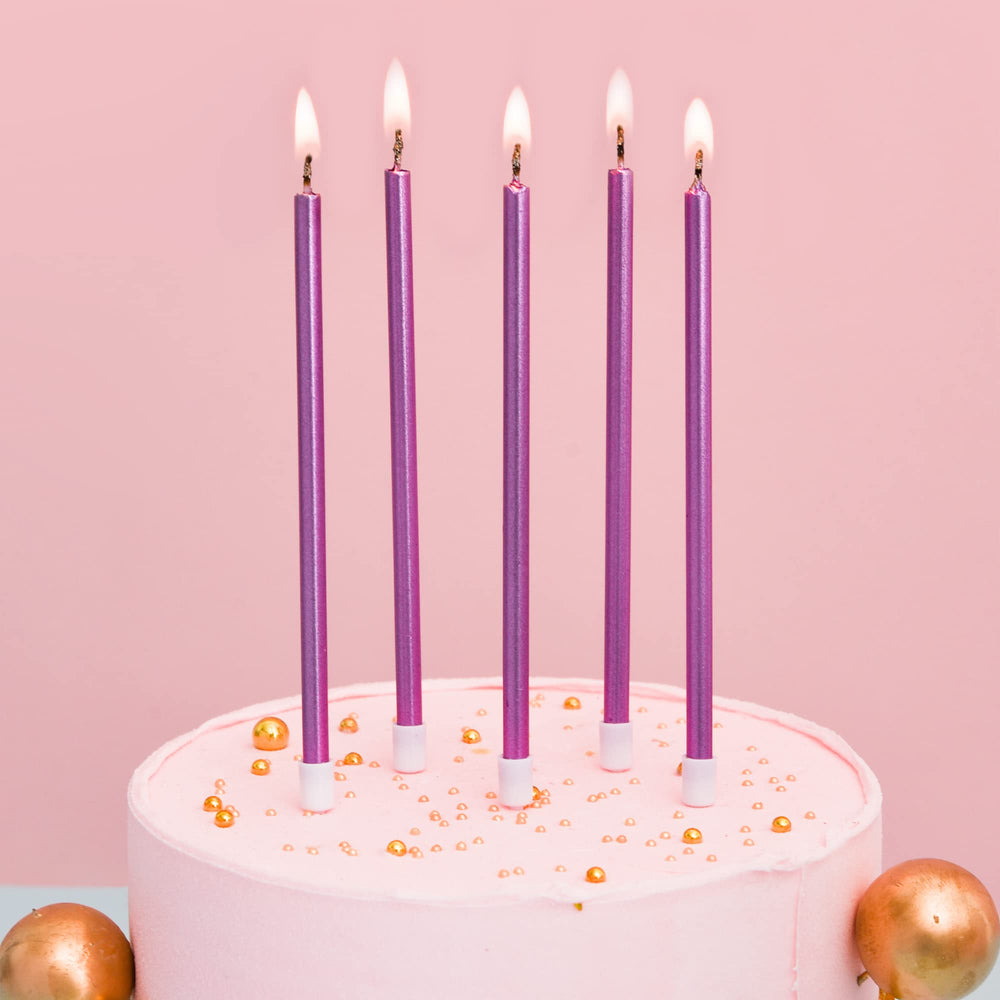 PHD CAKE purple tapered candles close-up showcase sleek metallic shine for classy decor.