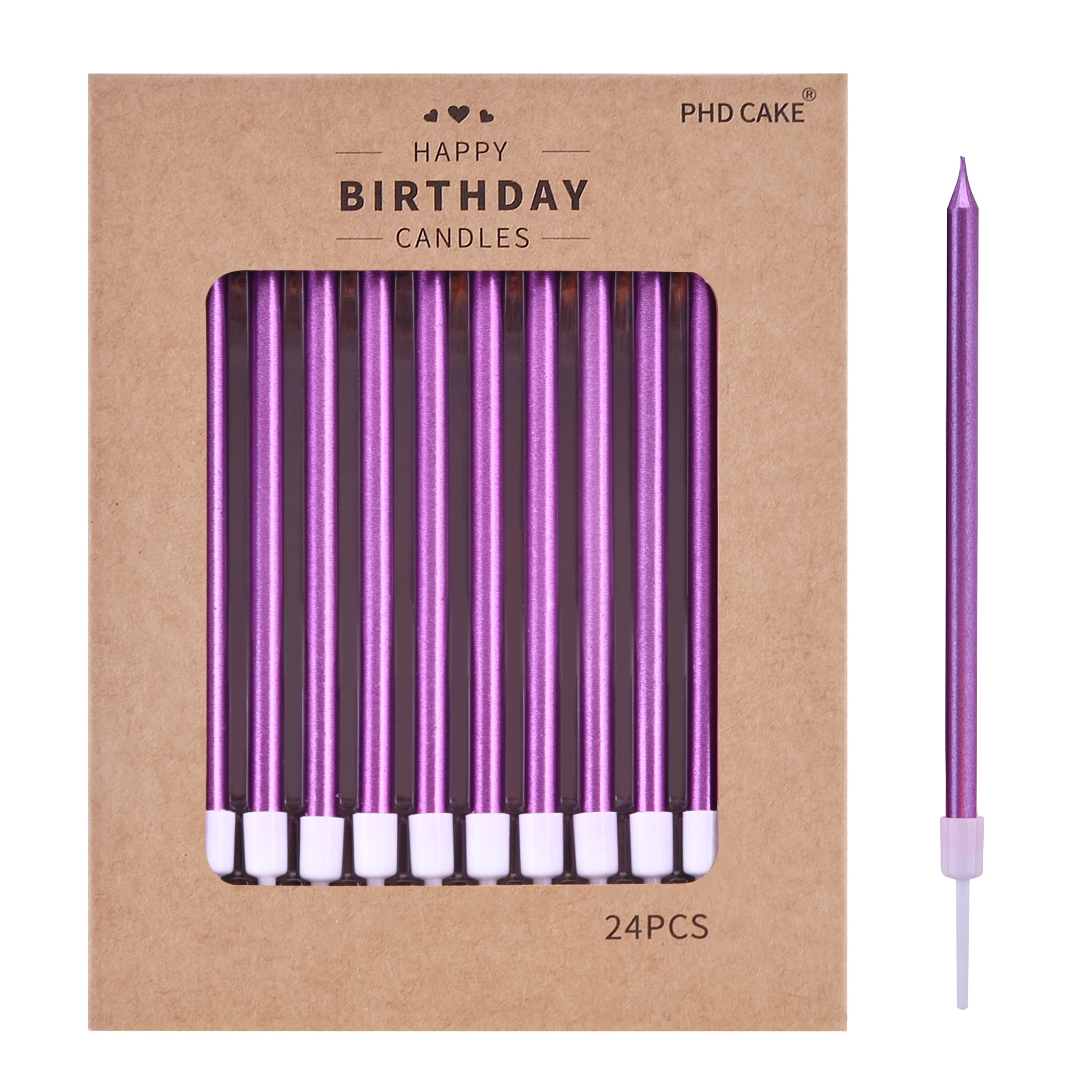 PHD CAKE purple long candles on cake create elegant celebration ambiance.