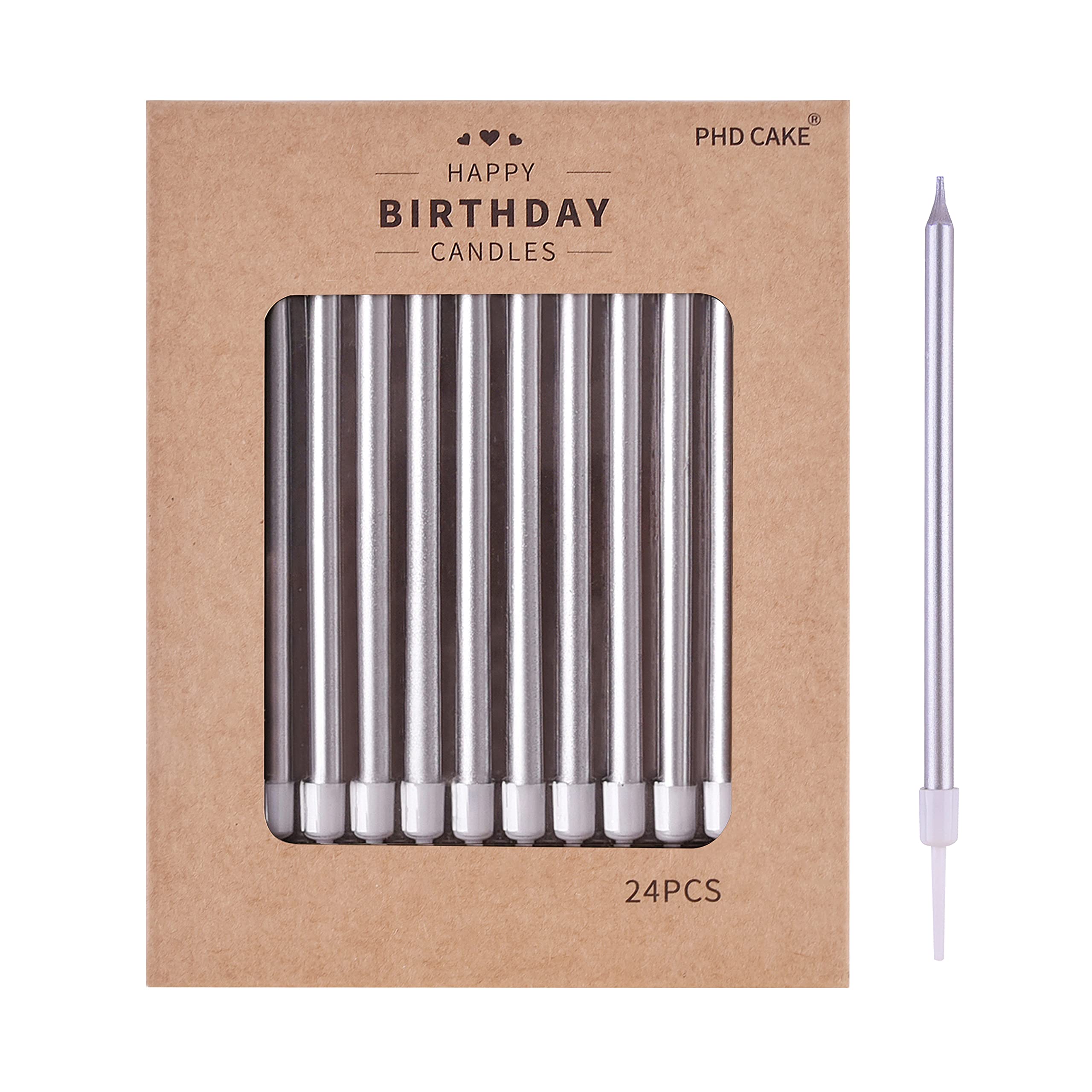 PHD CAKE silver long thin candles on a birthday cake for elegant ambiance