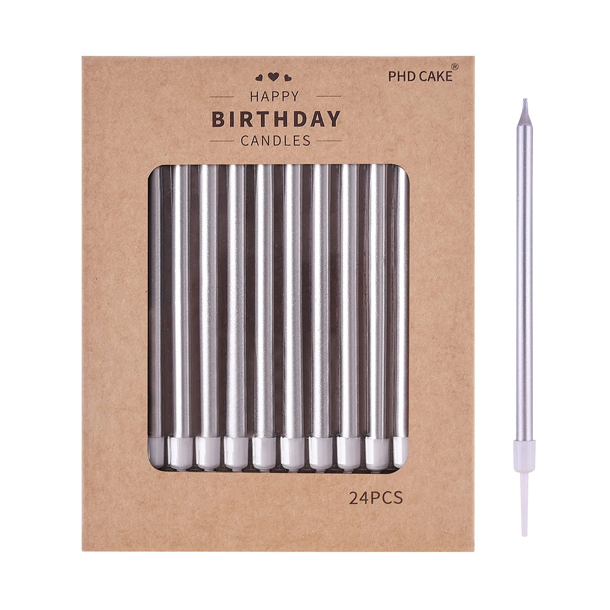PHD CAKE silver long thin candles on a birthday cake for elegant ambiance