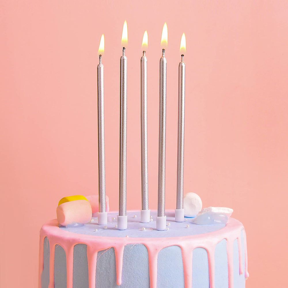 PHD CAKE tall silver candles with built-in holder keeping wax off the cake