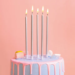 PHD CAKE tall silver candles with built-in holder keeping wax off the cake