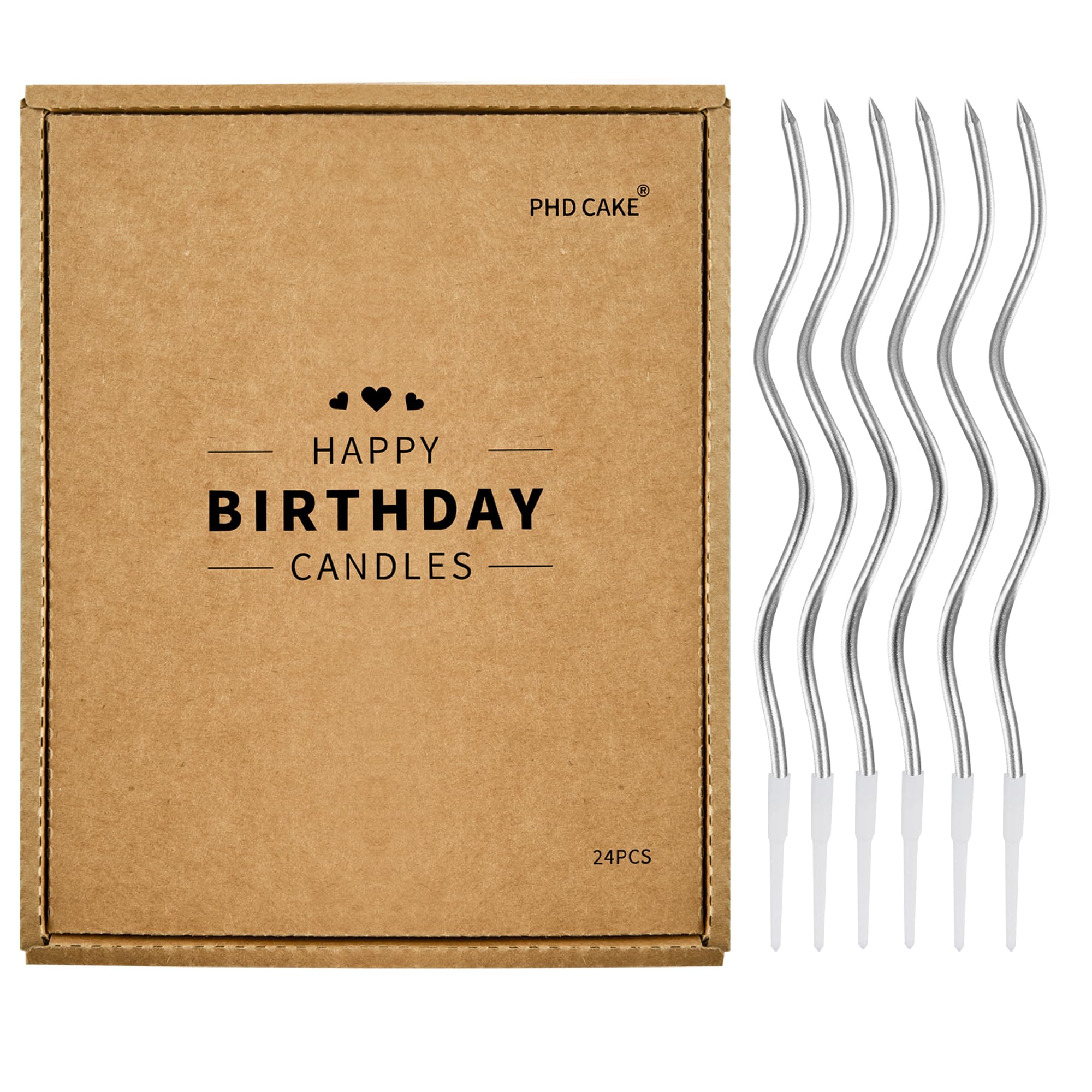 PHD CAKE silver spiral long thin candle pack ready for celebrations with clean burn