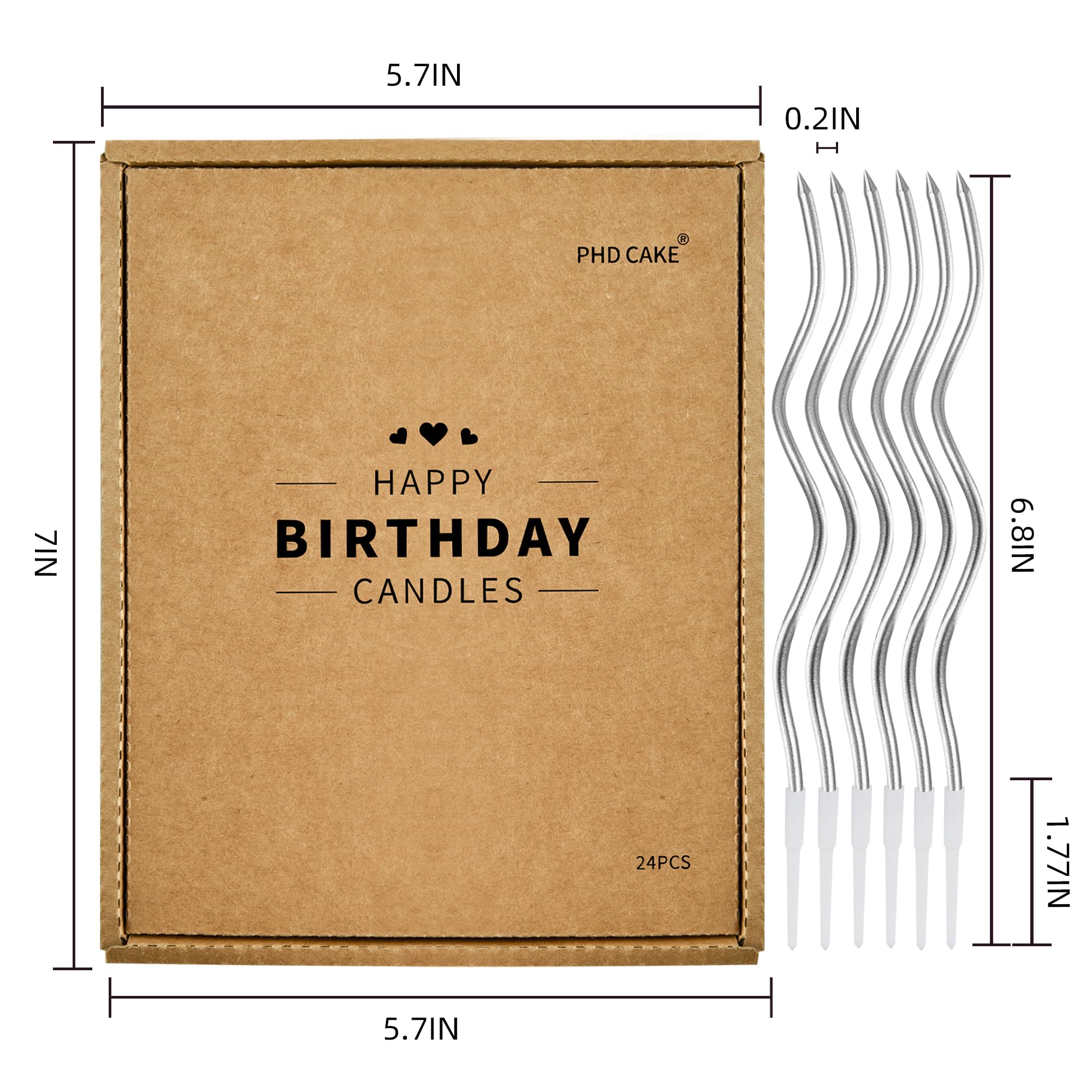 PHD CAKE six-pack of silver spiral long thin candles in packaging
