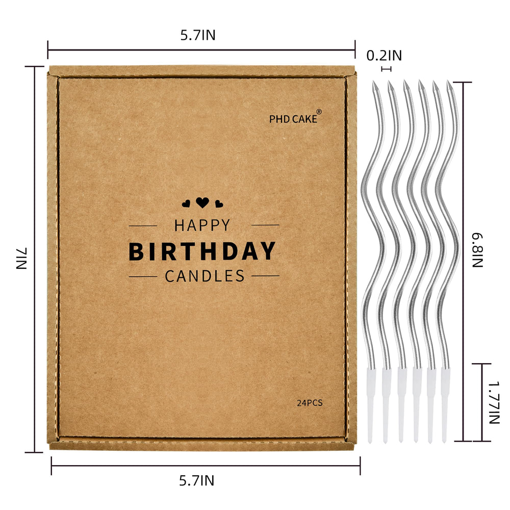PHD CAKE six-pack of silver spiral long thin candles in packaging