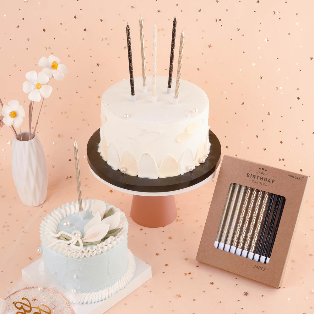 PHD CAKE wedding and party decor with champagne-style candles.