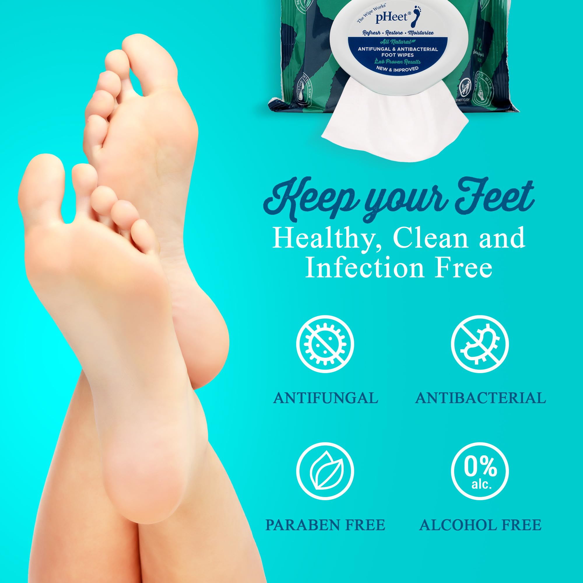 pHeet Foot Wipes anti-fungal formula targets microbes while cleansing feet