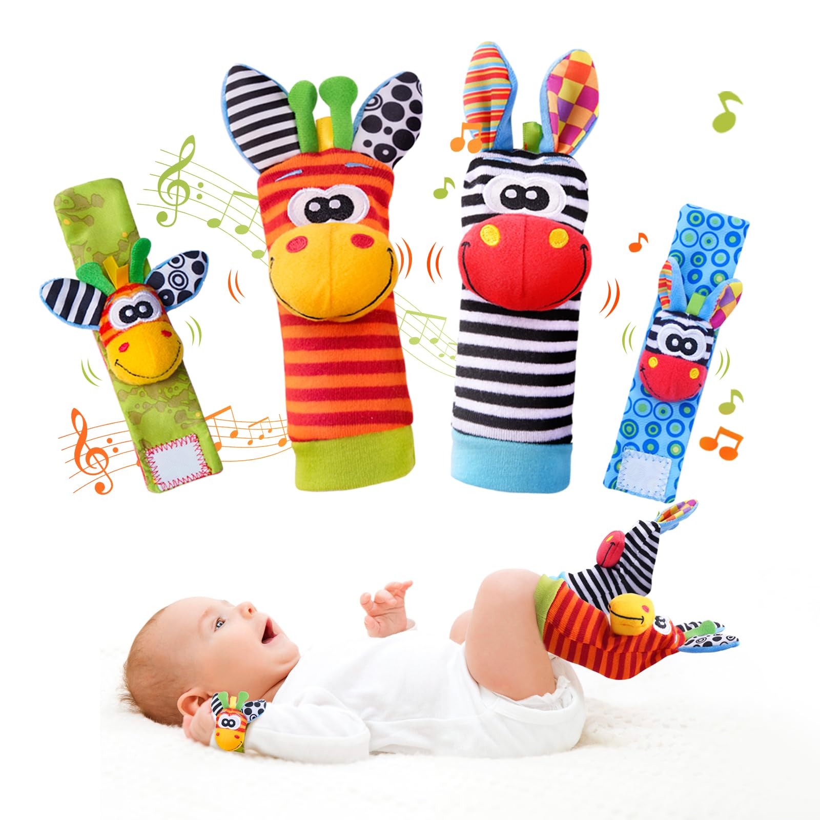 PHEZAPA wrist rattle set closeup promotes visual tracking with bright colors.