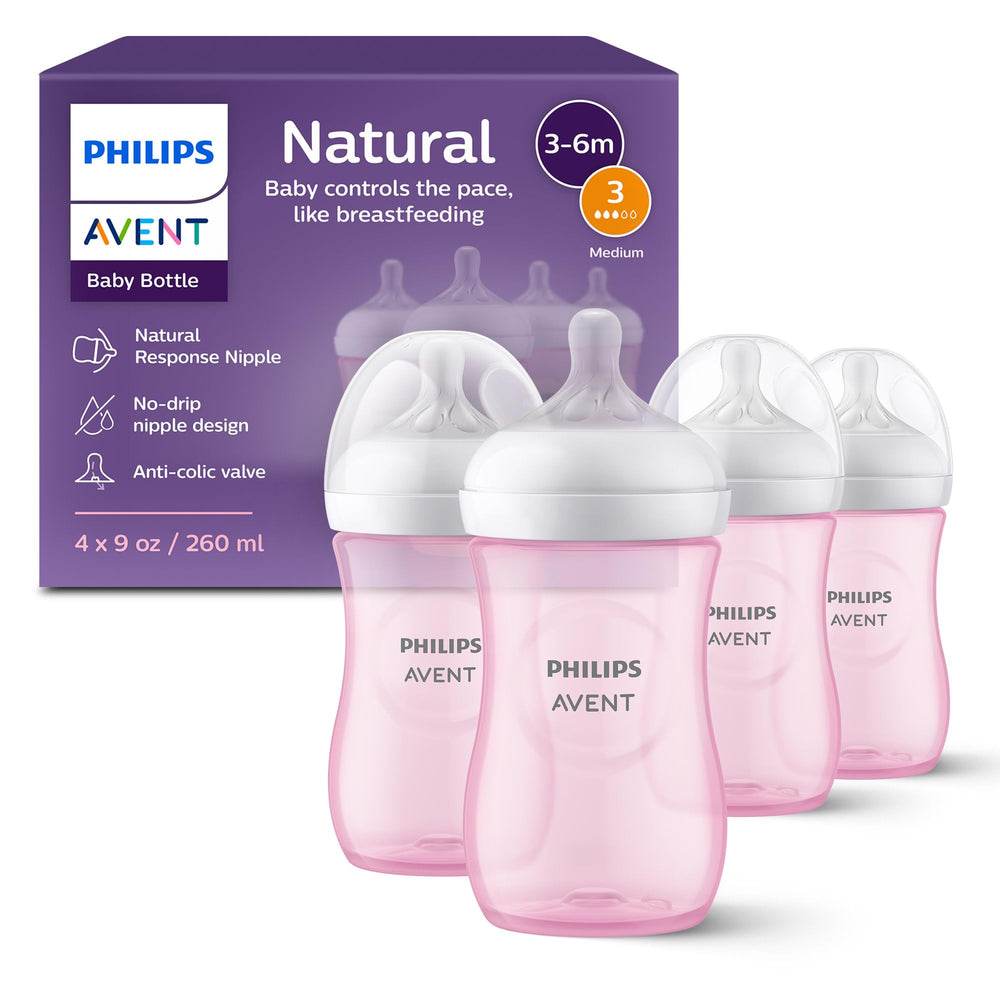 Philips Avent Natural 9oz bottle with Flow 3 pink promotes a natural feeding rhythm