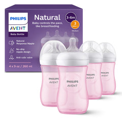 Philips Avent Natural 9oz bottle with Flow 3 pink promotes a natural feeding rhythm