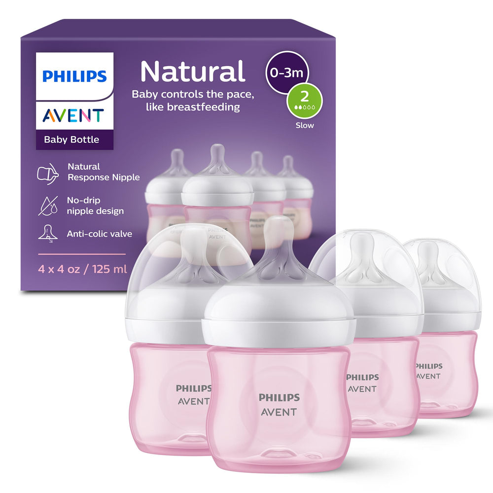Philips Avent Natural bottle 4oz pink flow2 enables controlled slow feeding for newborns.