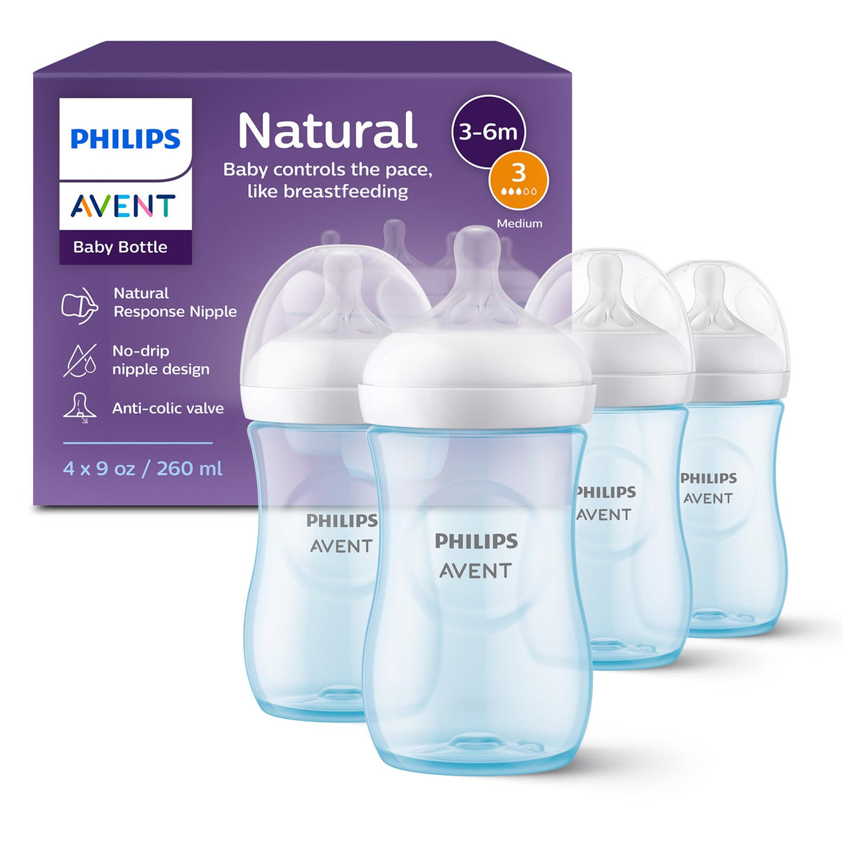 Philips Avent Natural 9oz blue bottle assembly showing easy grip and wide neck