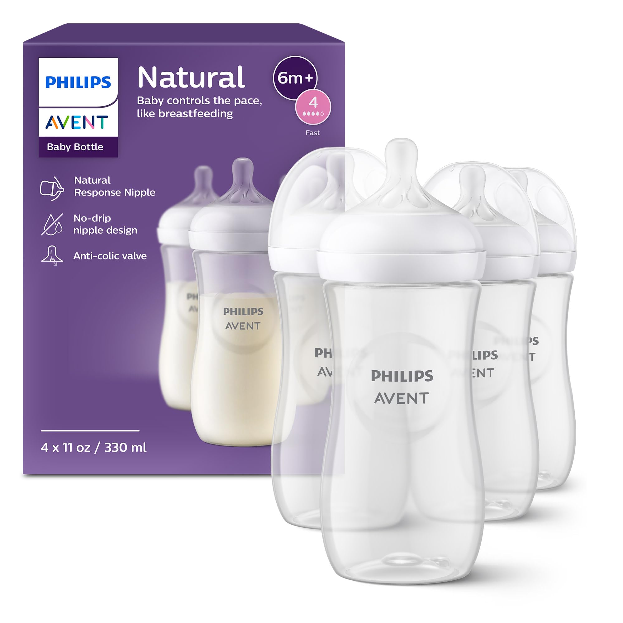 Philips Avent Natural bottle Flow 4 pour demonstrates controlled milk flow for paced feeding.