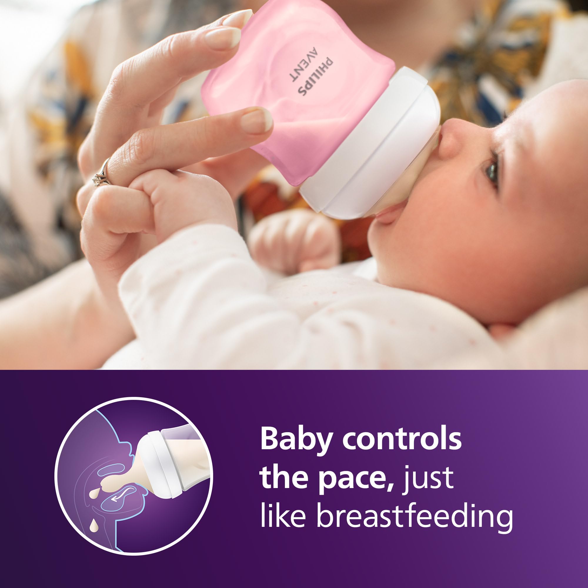 Philips Avent Natural bottle nipple opening shows baby-driven milk release.