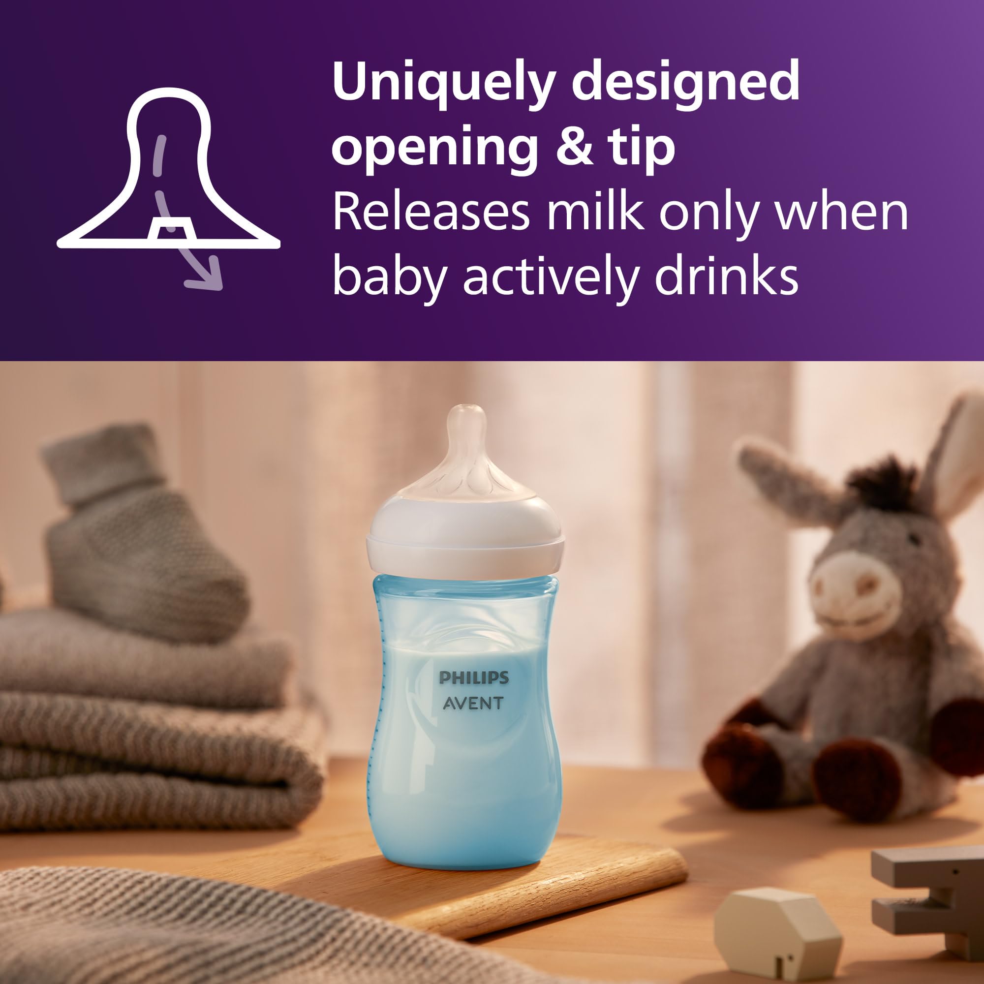 Natural bottle no-drip design prevents spills during feeding