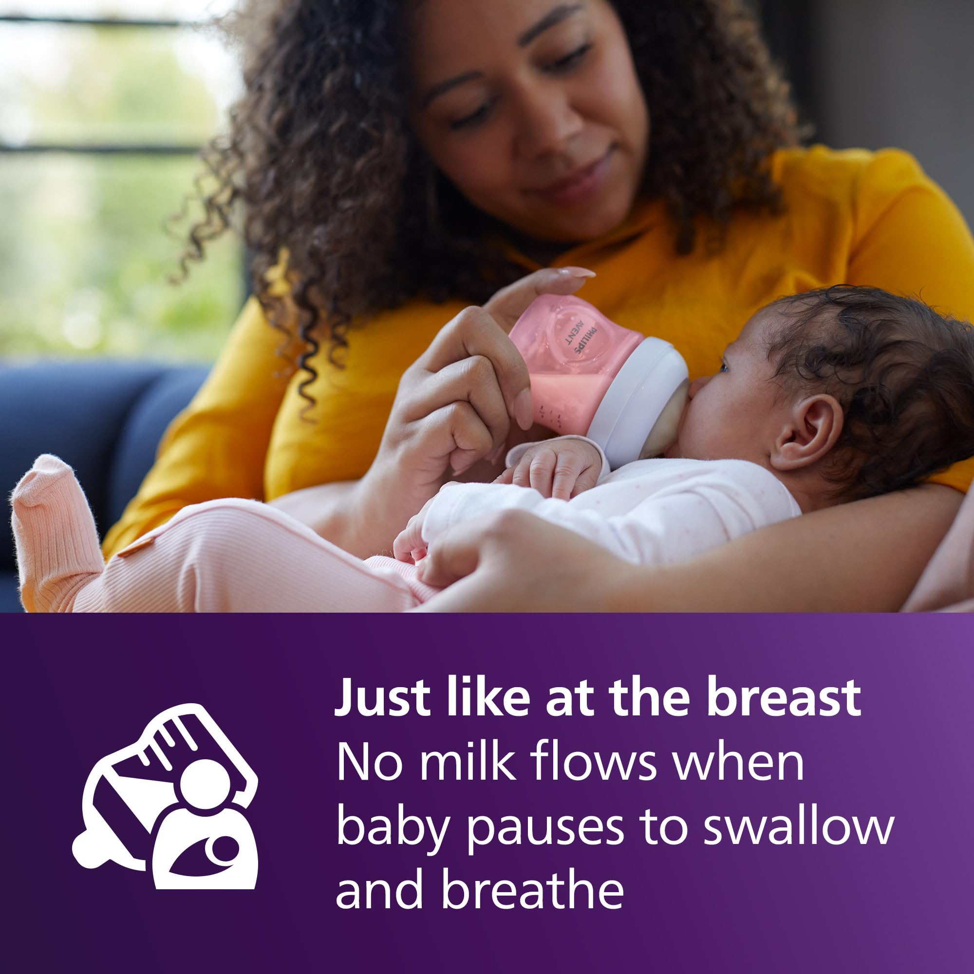 Philips Avent Natural bottle no-drip nipple prevents spills during feeds.