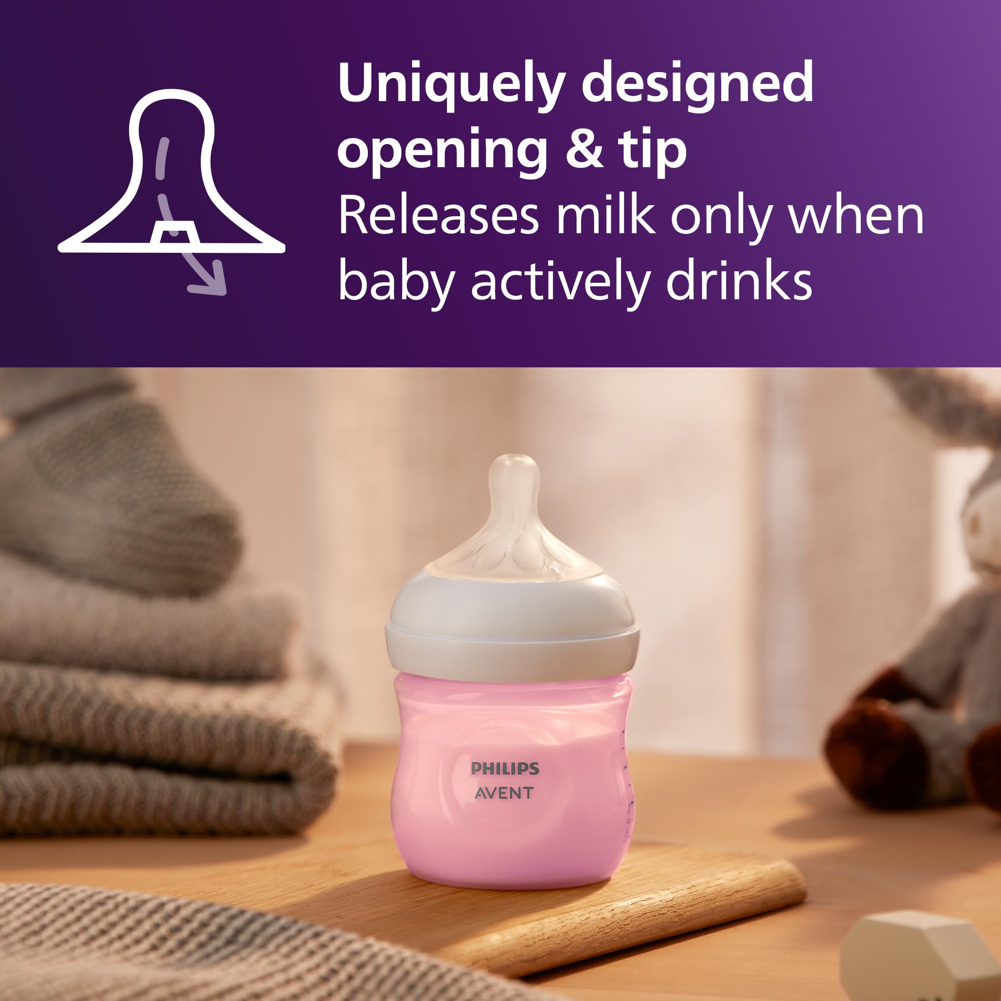 Philips Avent Natural bottle wide mouth ergonomic design supports easy filling.