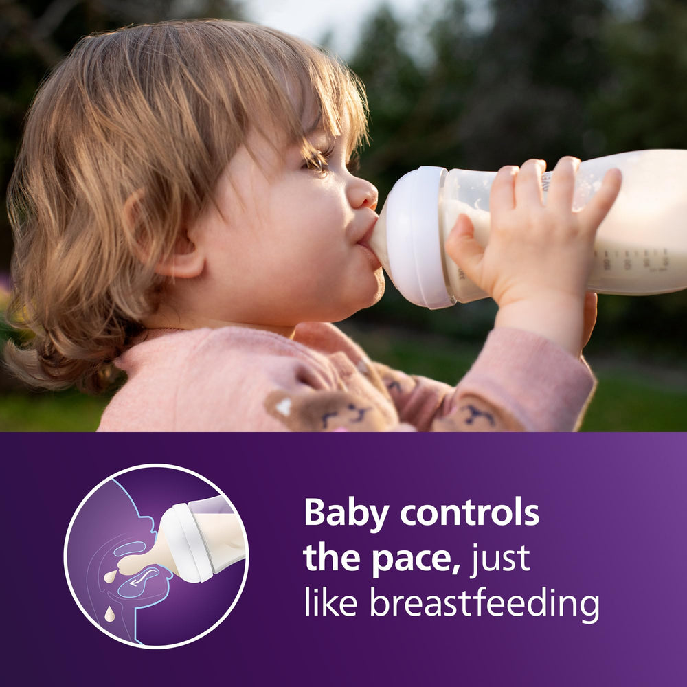 Philips Avent Natural bottle with wide nipple highlights breast-like shape for easy latch.