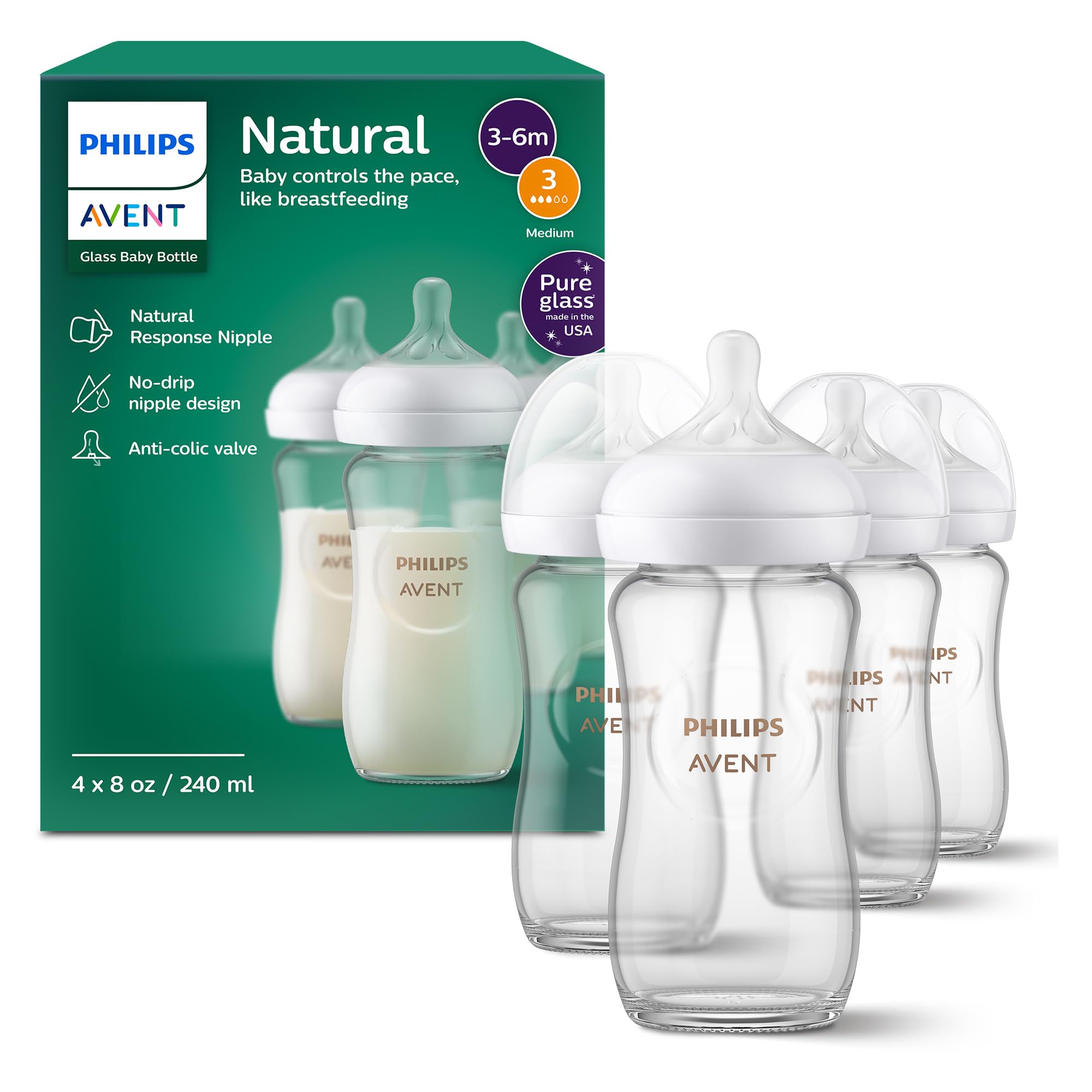 Philips Avent natural glass bottle pour shows no-spill design.