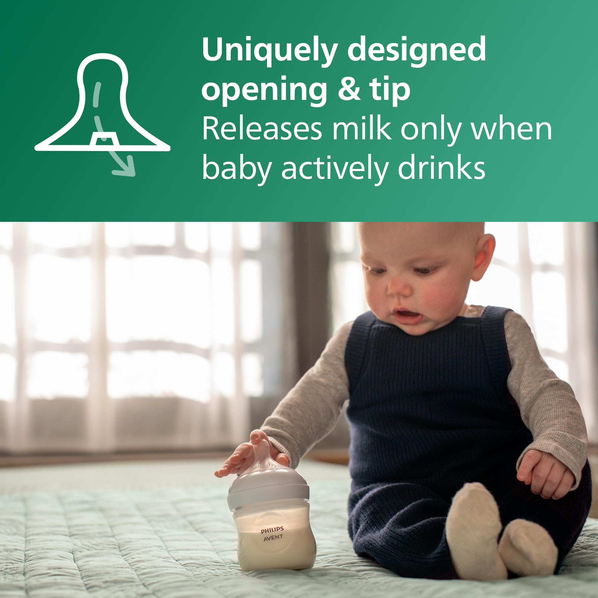 Philips Avent no-drip nipple design minimizes milk spills during feeding.