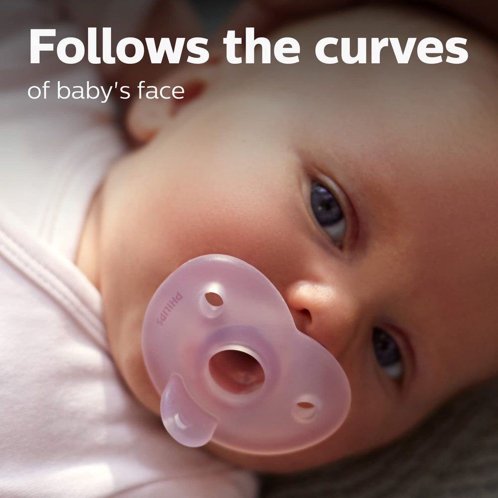Philips Avent Soothie Heart pacifier side view highlighting curved shield for comfortable fit.
