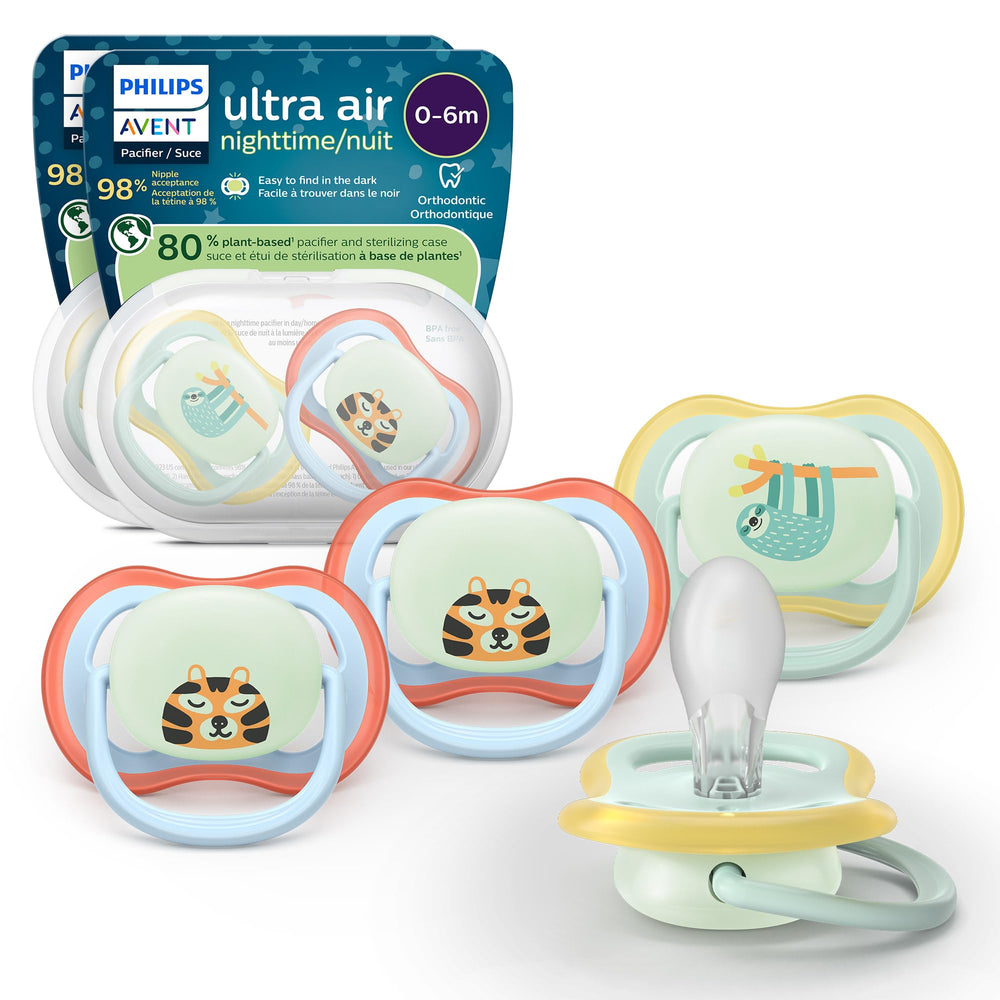 Philips Avent Ultra Air pacifier pack for 0-6 months, soothing comfort.