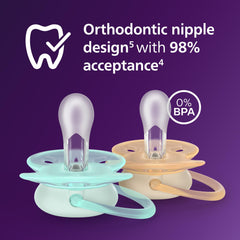 Philips Avent Ultra Soft nipple with symmetrical silicone design reduces pressure on gums for 0-6 months.