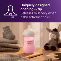 Philips Avent wide-breast shaped nipple in pink bottle supports easy latch
