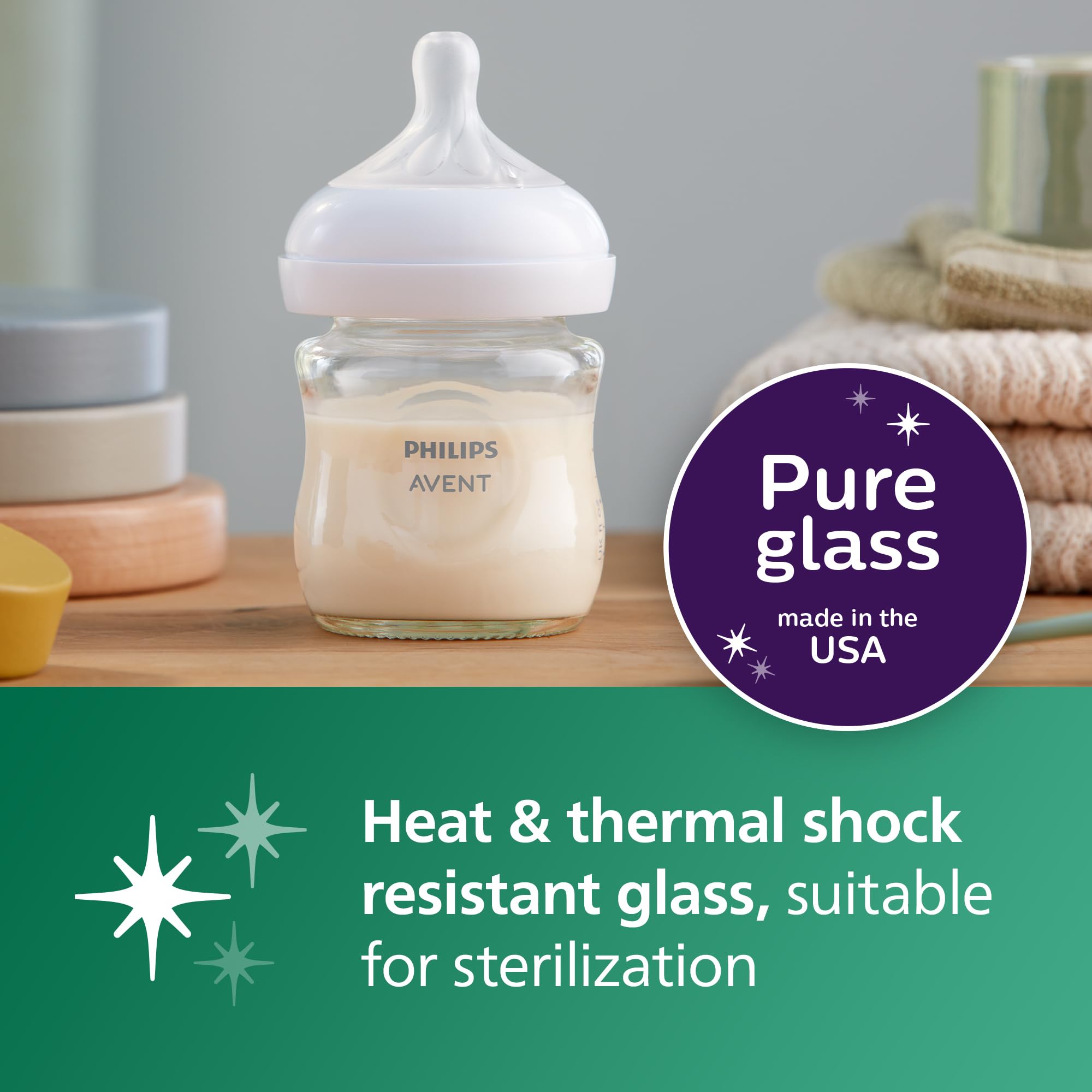 Philips Avent wide breast-shaped nipple promotes natural latch and comfort.