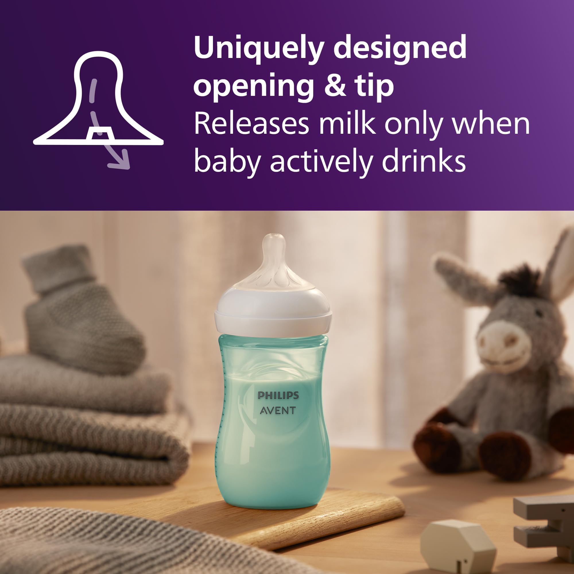 Wide, breast-shaped nipple helps with natural latch on Philips Avent bottle