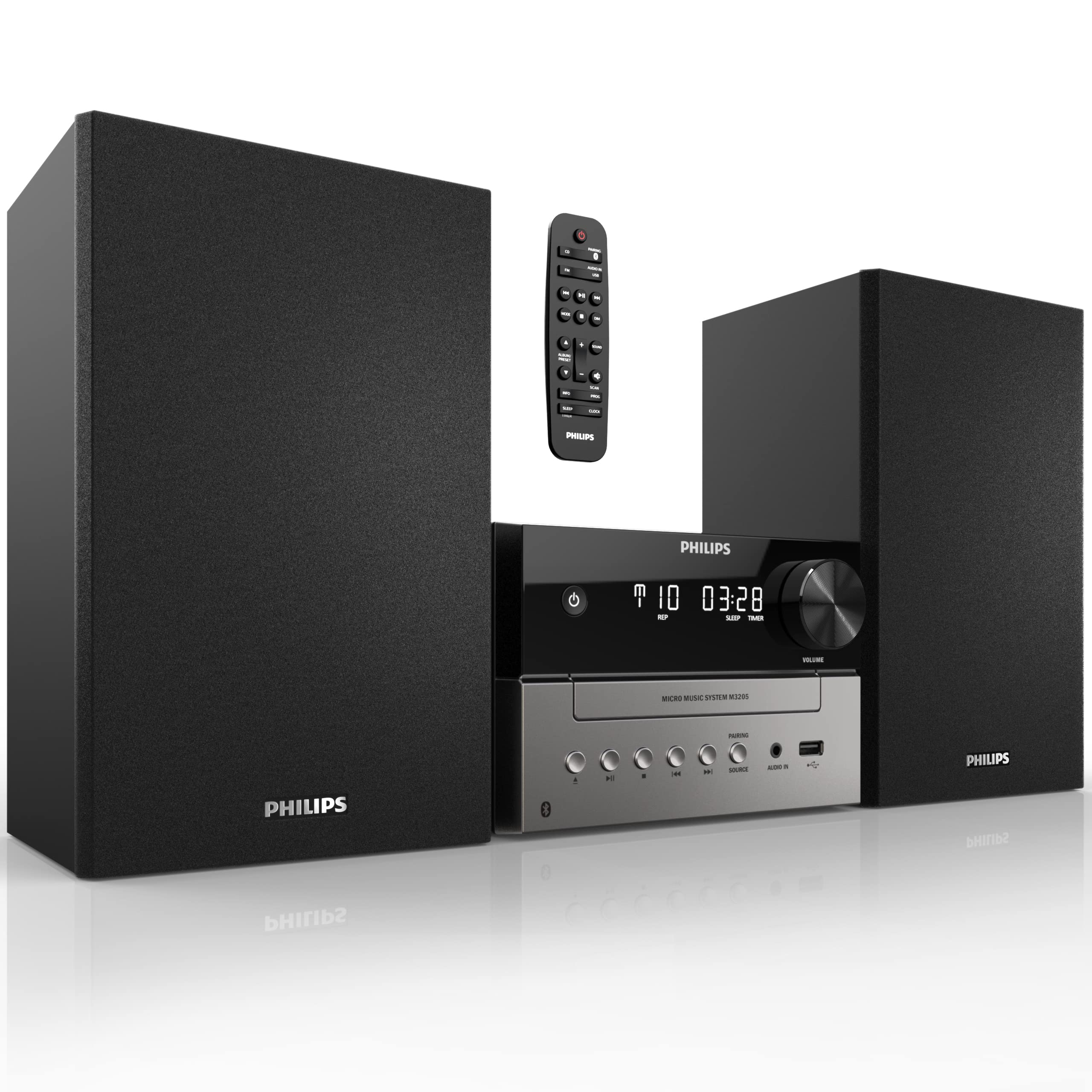 Philips Bluetooth stereo front view highlighting compact design for versatile home audio.
