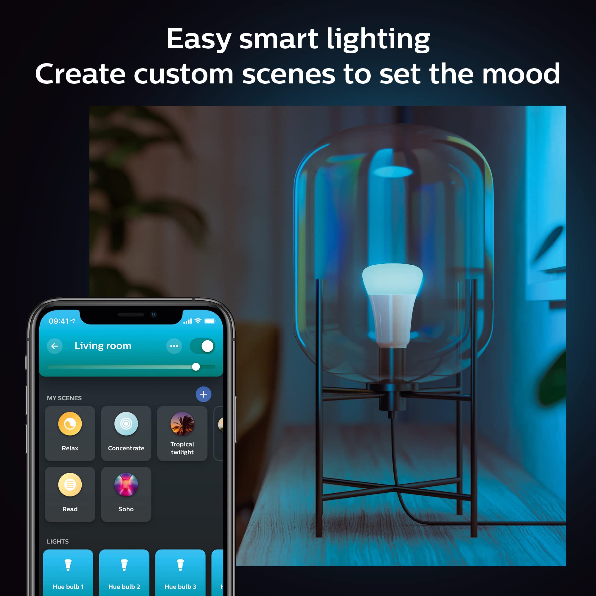 Philips Hue dimming and color options create mood lighting