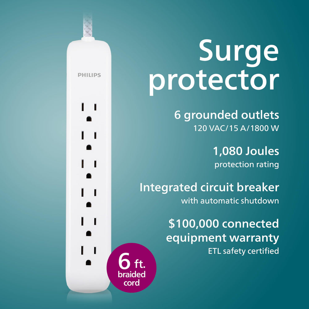 Philips six-foot braided cord provides flexible, tangle-free setup behind furniture.