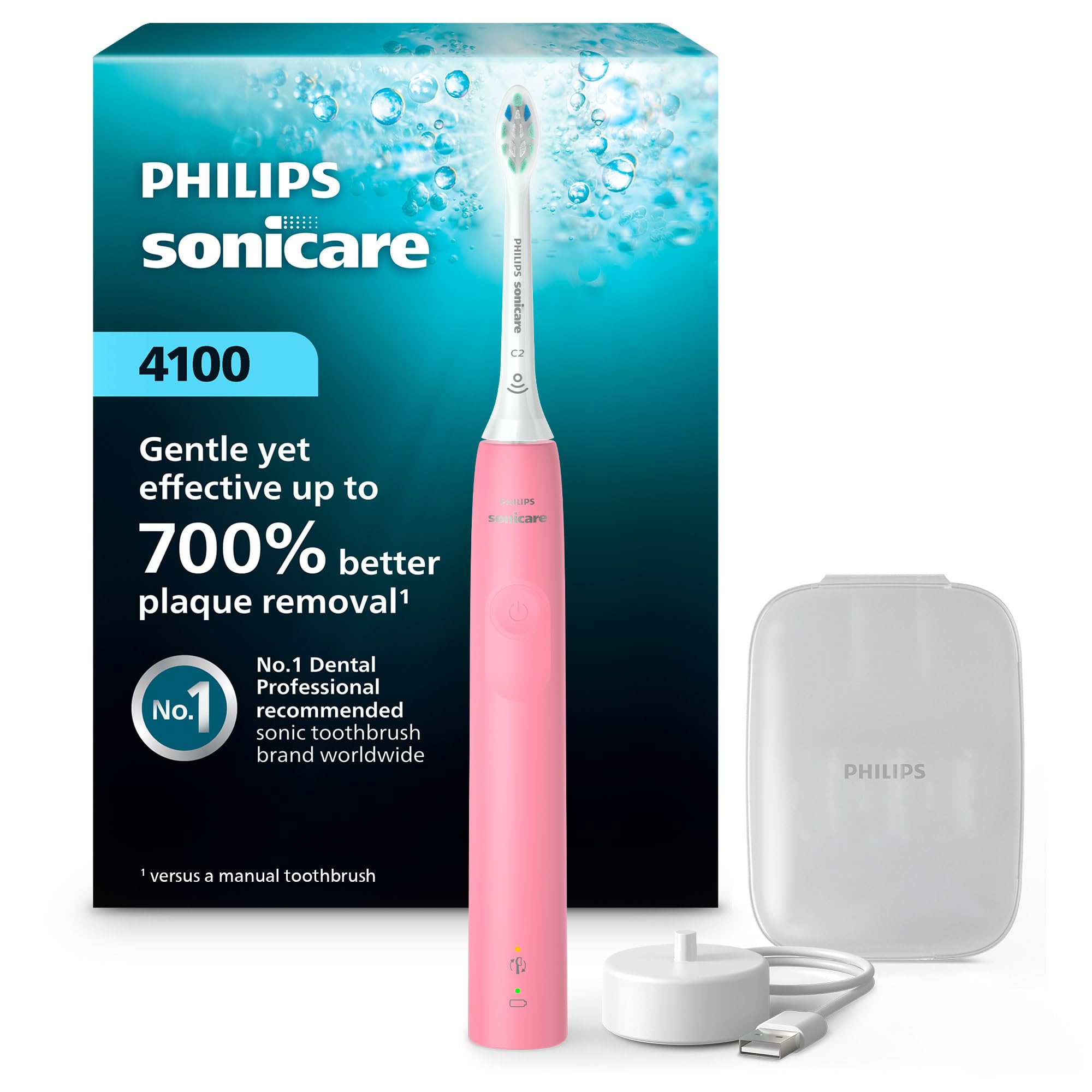 Philips Sonicare 4100 handle closeup showing ergonomic white design for comfortable brushing.