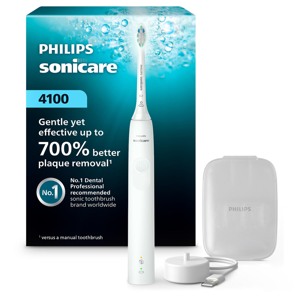 Philips Sonicare 4100 white handle ready for daily cleaning in a modern bathroom.