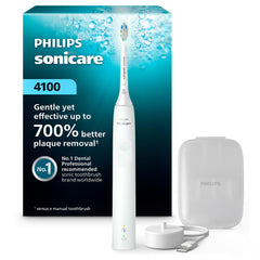 Philips Sonicare 4100 white handle ready for daily cleaning in a modern bathroom.