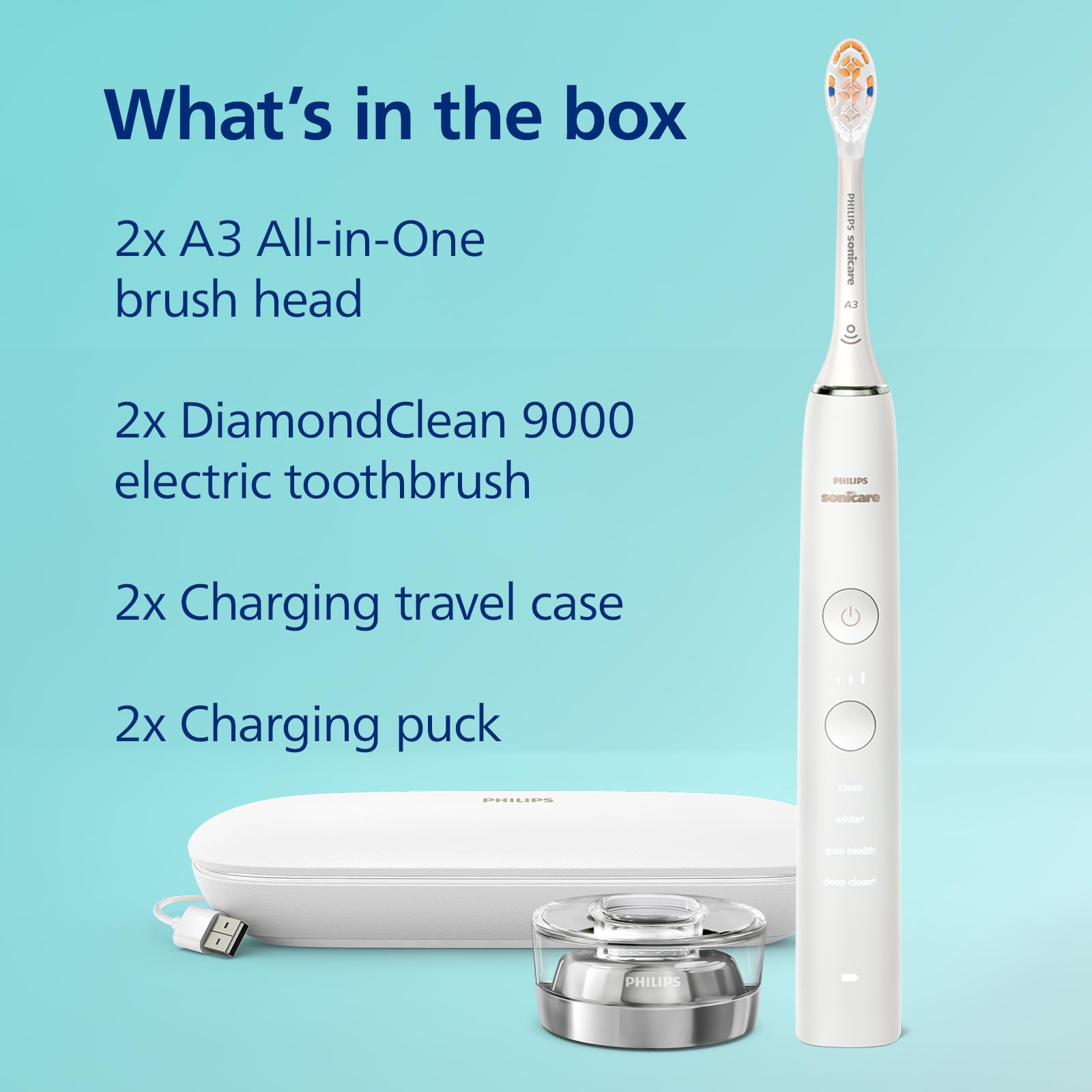 Packaging contents: two toothbrushes, two charging cases, two A3 heads