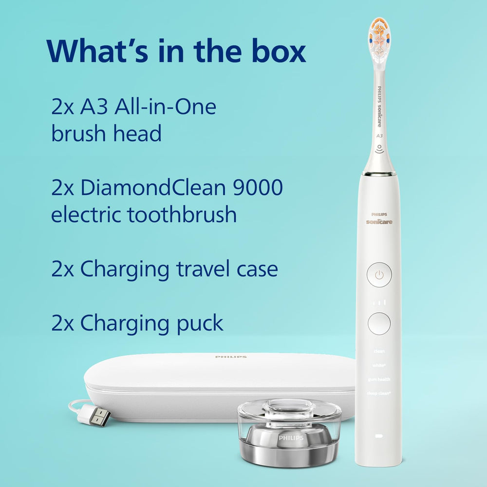 Packaging contents: two toothbrushes, two charging cases, two A3 heads