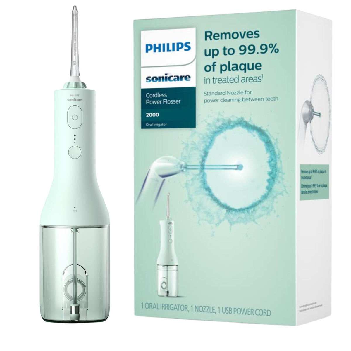 Philips Sonicare Water Flosser cordless mint charging, ready for travel.