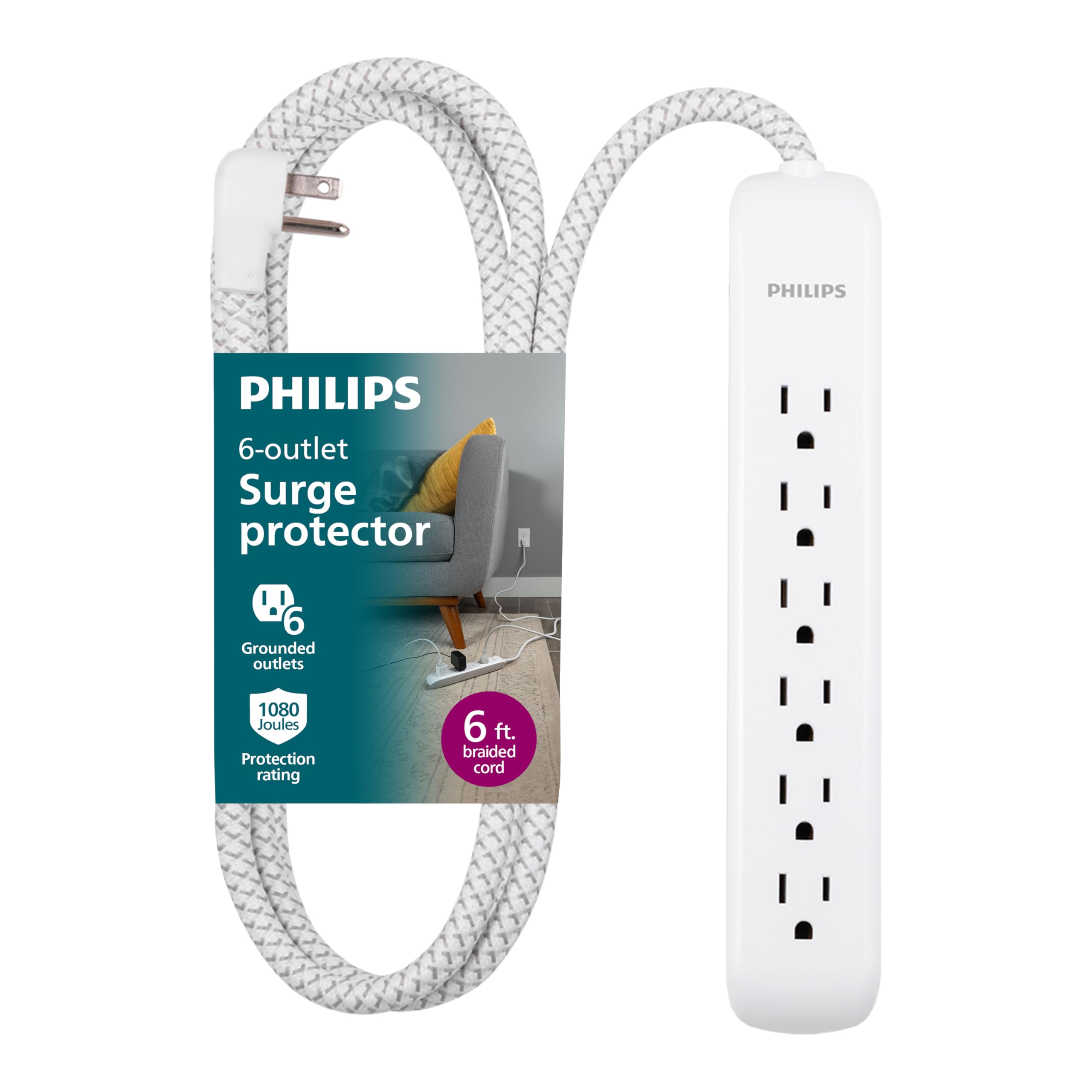 Philips surge protector with six outlets protects devices from surges and expands outlet reach.