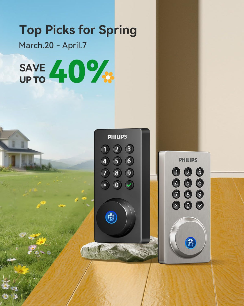 Philips Wi‑Fi door lock fingerprint sensor close-up for fast entry.